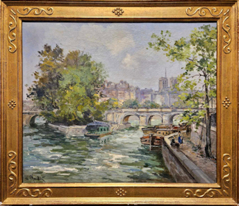  oil painting with boats and river paris France