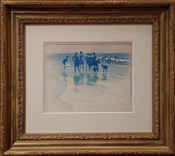Pastel of people on shore wading in water