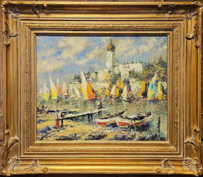 habor oil painting with boats